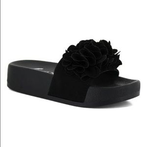Black Ruffle Didi Slide elevated sandals in box